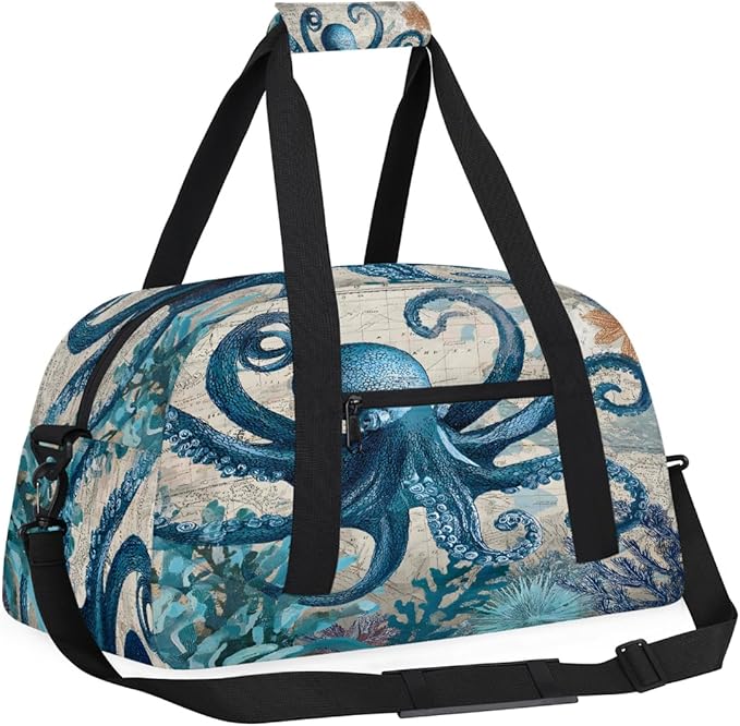 Travel Duffle Bag for travel duffle bag sports Girls Boys Kids Octopus Sea Retro Lightweight Overnight Sleepover Weekender Bags Small Dance Gym Sport Bag Teens Carry-On Size Workout Bag