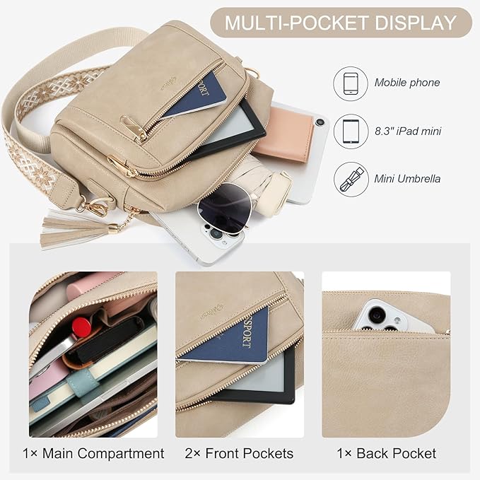 Small Leather Crossbody Bags for Women Anti theft Purses and Handbag Shoulder Hangbag with Wide Strap Tassel