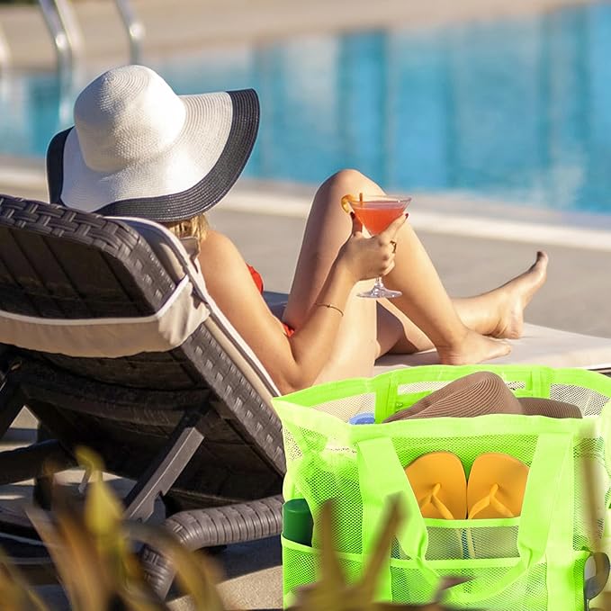 Mesh Beach Bag,Large Beach Bags for Women with 8 Pockets,Packable Tote Bag for Beach Cruise Pool Vacation Essentials