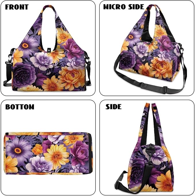 Purple Floral Womens Gym Bag with Shoe Compartment Lightweight Overnight Weekender Duffel Bag for Travel Sports Fitness Workout Yoga Mat Holder Organizer