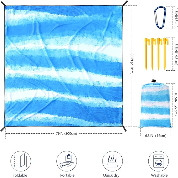 AISPARKY Beach Blanket Waterproof Sandproof Extra Large, Oversized Beach Mat, Quick Drying&Compact&Lightweight, Picnic Blankets Vacation Essentials for Outdoor Beach Camping (79" X 83" (4 Person))