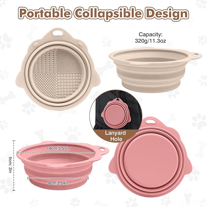 Collapsible Dog Bowls 2 Pack, Silicone Dog Bowl for Small Dogs, Dog Travel Bowl with a Lanyard Hole, Puppy Bowls for Water and Food, Travel Pet Bowls Pink & Light Beige, 11.3oz × 2