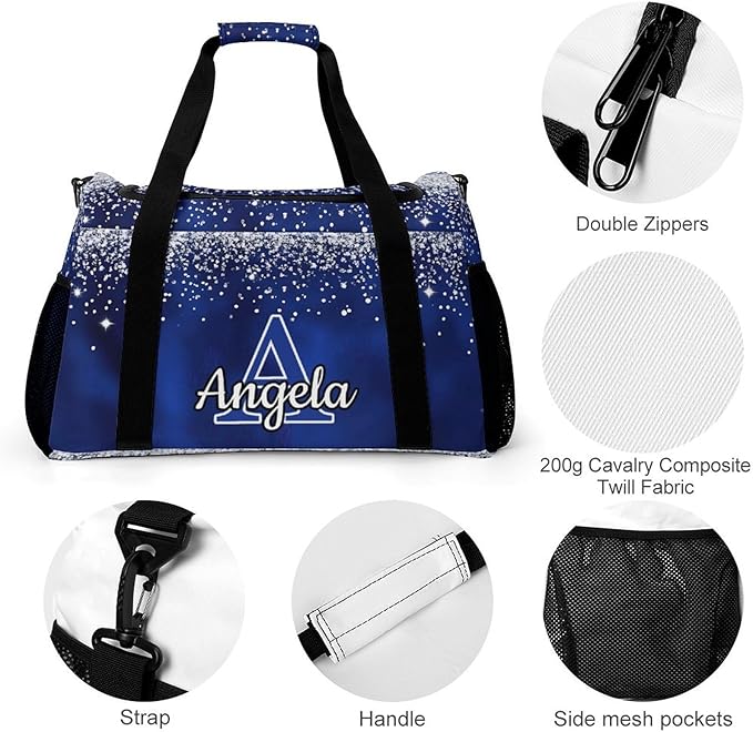 Navy Blue Bling Print Personalized Duffel Sports Bag with Name Custom Weekender Overnight Bag Gym Bag Travel Duffel Bag