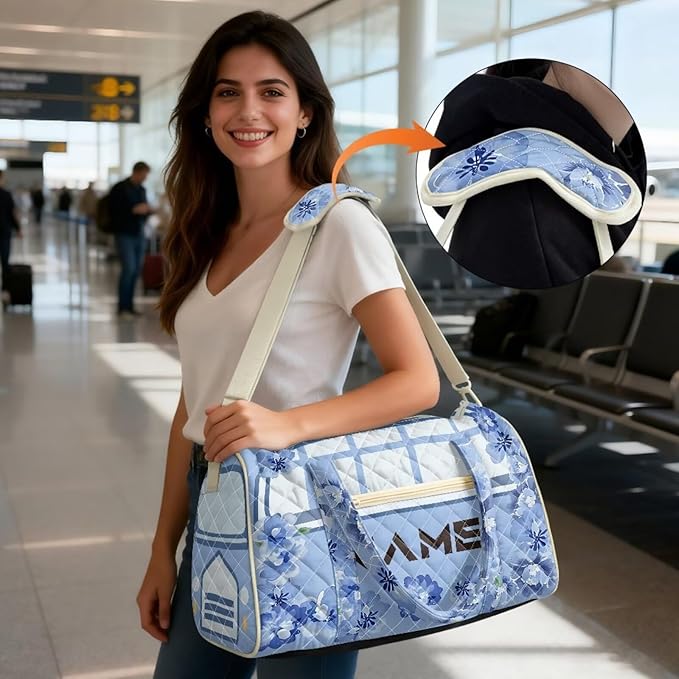 COEQINE Quilted Tote Bag Large Car Travel Suitcase Duffle Bag for Women Large Packable Carry on Weekender Duffel with Trolley Sleeve，Blue Floral