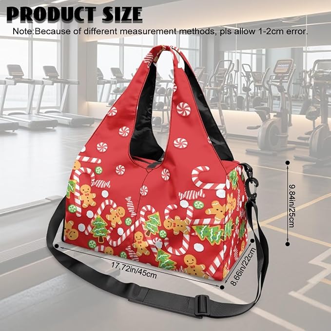 Christmas Candy Cane Gingerbread Women Duffle Bag for Travel Carry On Gym Bag with Shoes Compartment & Yoga Mat Strap Sports Camping Overnight Weekender Bags for Christmas Outfits
