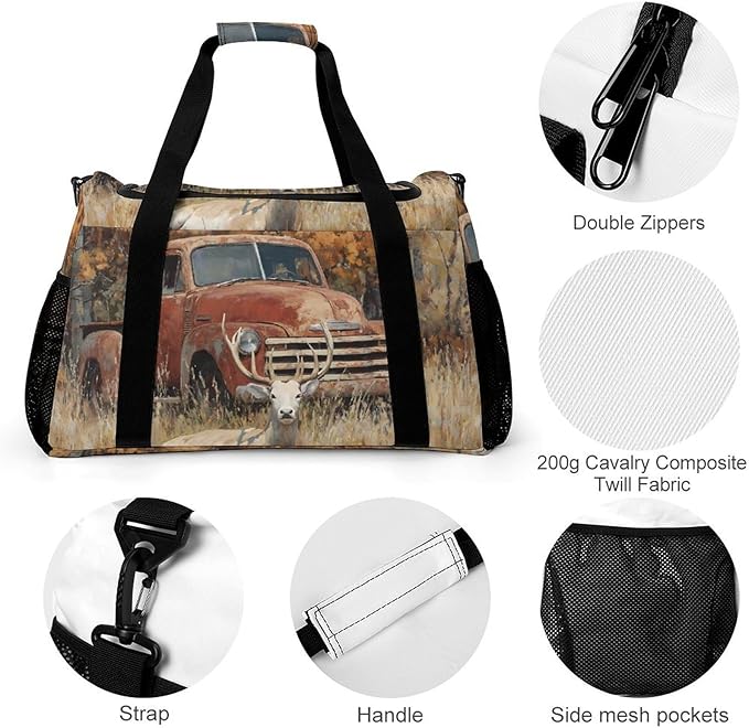 Old Truck Deers Autumn Forests Duffle Bag Gym Bag for Workout Travel Tote with Detachable Straps
