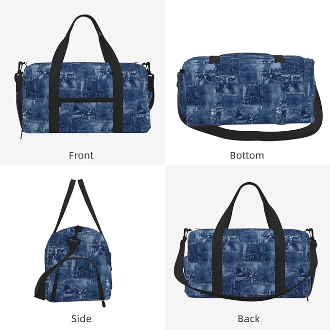 Denim Material Women'S Gym Duffle Bag With Shoes Compartment, Ideal For Travel, Gym, Sports, Duffel, Weekender