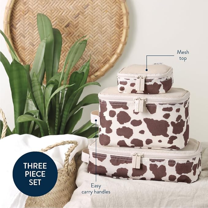 Itzy Ritzy Packing Cubes for Travel Set of 3 Packing Organizers – Each Travel Cube Features a Mesh Top, Double Zippers and a Fabric Handle (Cow Print)