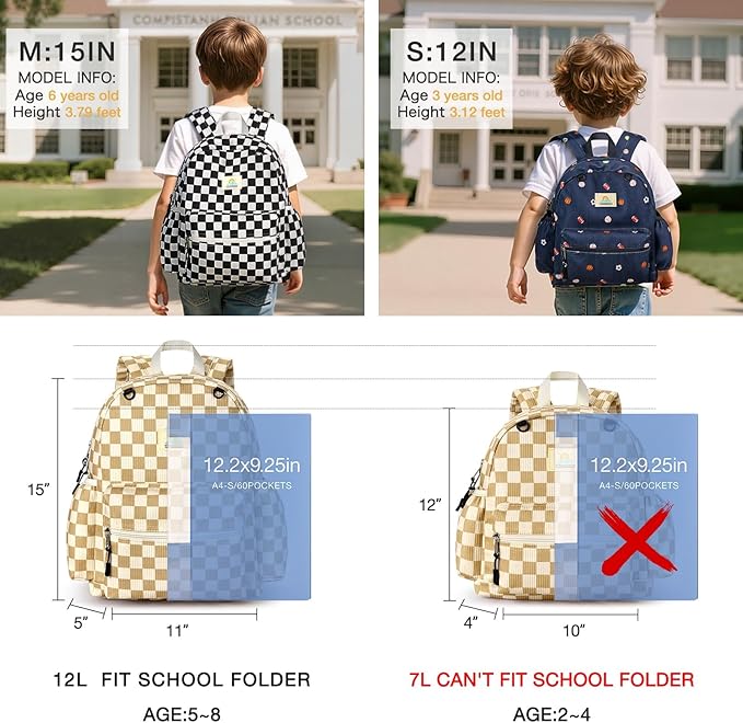 STEAMEDBUN Corduroy Kids Backpack for Girls and Boys 5-8: Girls Backpack for Elementary Kindergarten - 15 inch Cute Backpacks for Kids - Checkered