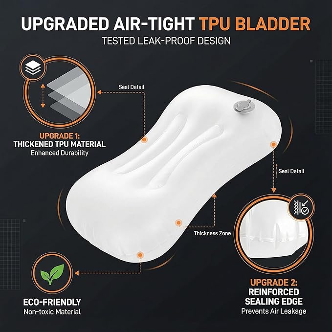 Inflatable Camping Pillow - Ultralight Compact Air Pillow for Travel, Backpacking & Hiking - Ergonomic Neck & Lumbar Support - Portable Inflatable Pillow with Removable Washable Cover - (Black)