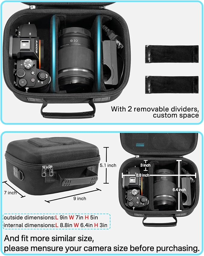 RAIACE Hard Case Compatible with Sony Alpha 7 II III IV/7R V Camera, for Nikon, for Canon, for Pentax and More. Mesh Pocket for Charger, Cables, Cards and Accessories. (case only) - Black