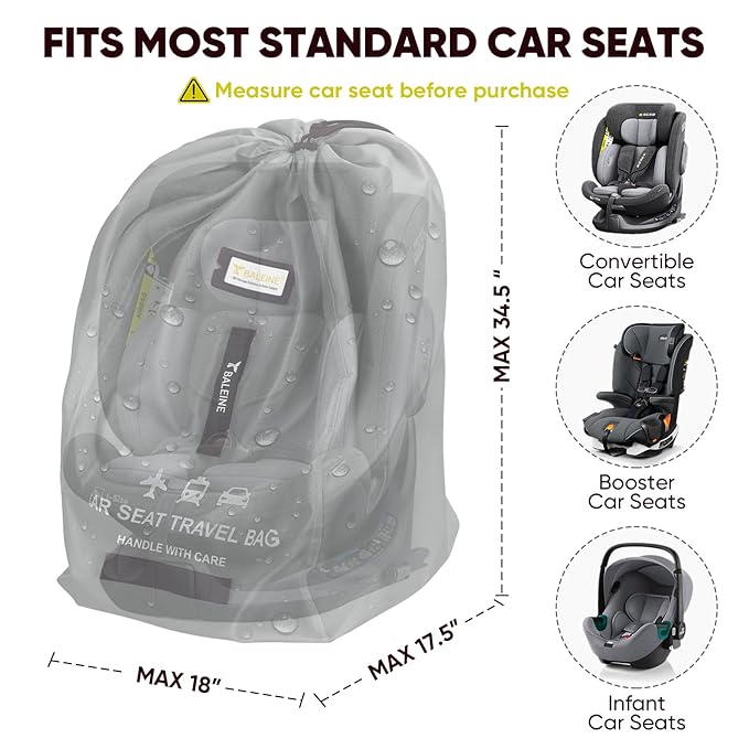 BALEINE Car Seat Travel Bag for Airplane, Water-Resistant Car Seat Bags for Air Travel, Foldable Cover with 3 Handles, Fits Toddler Carseat, Convertible and Booster Seats (Gray)
