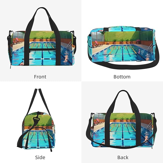 Flamingo and swimming pool Print Gym Bag with Shoe Compartment for Women Men, 17.7in Sports Duffle Weekender Tote, Overnight Travel Duffel Bag Carry On