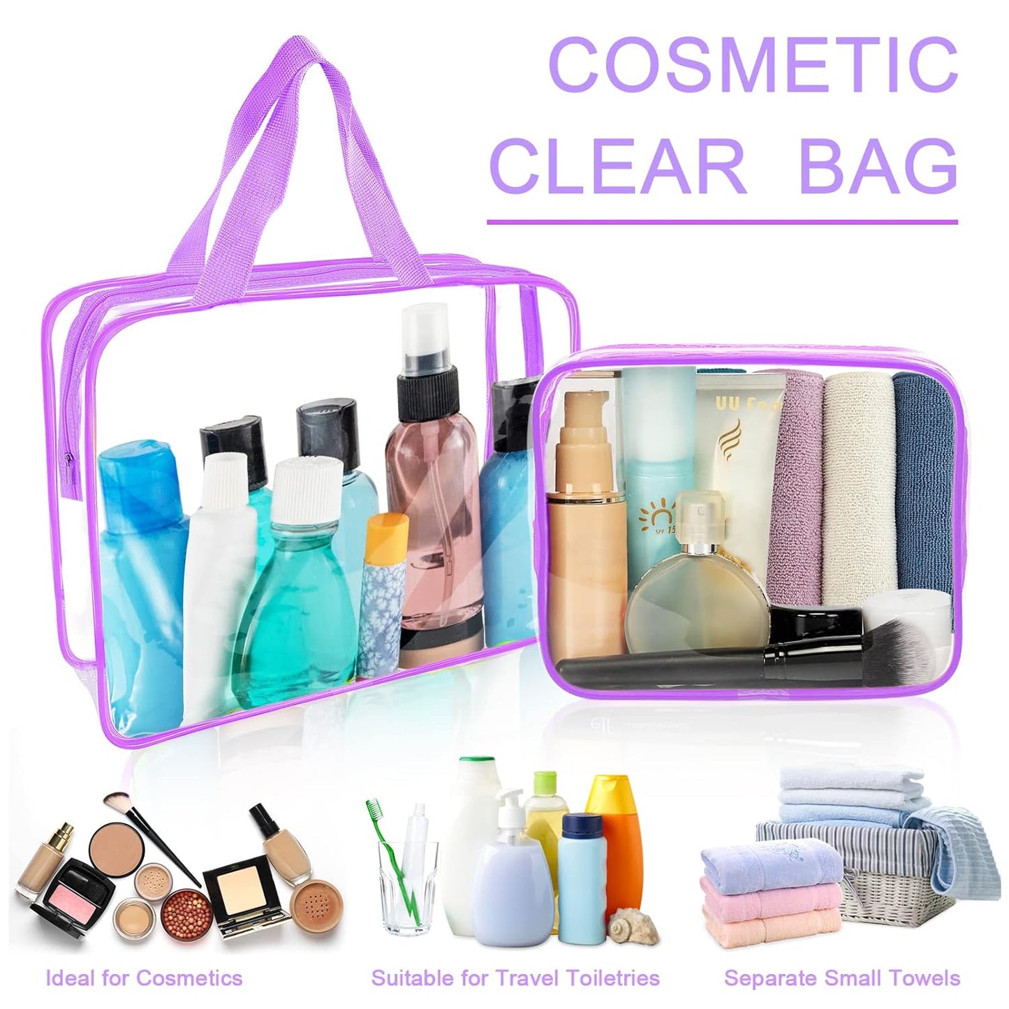 APREUTY Clear Makeup Bags, TSA Approved 6 Pcs Cosmetic Makeup Bags Set Clear PVC with Zipper Handle Portable Travel Luggage Pouch Airport Airline Vacation Organization (Purple)