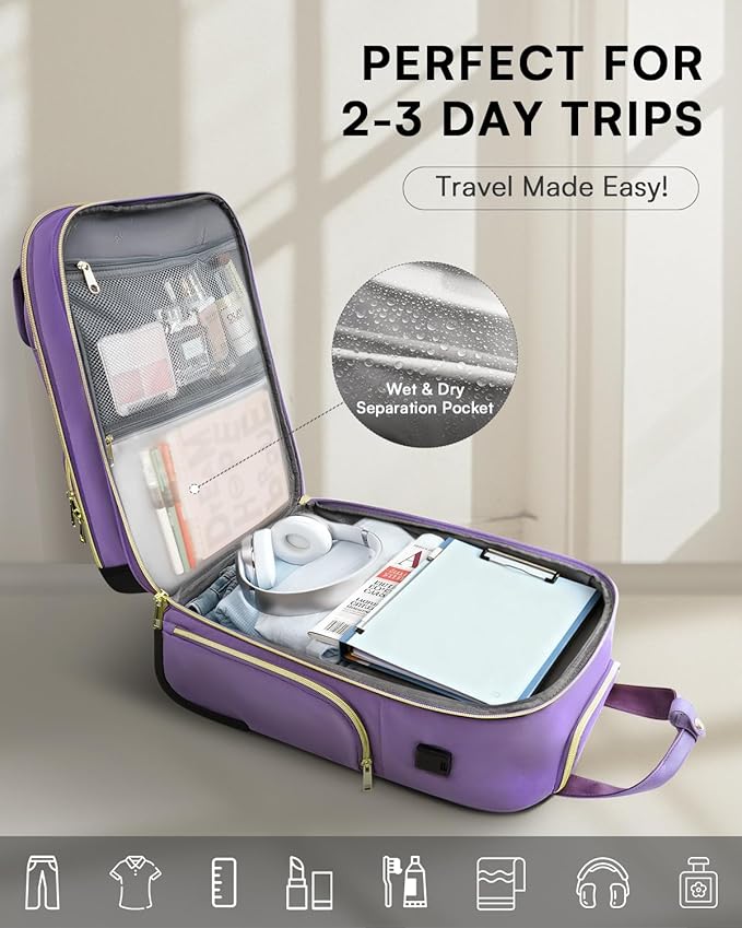 Underseat Carry On Luggage with Wheels, Airline Approved Personal Item Luggage, 16-Inch Multi-functional Underseat Luggage, Lightweight Overnight Suitcase for Women, Bussiness, Travel, Purple
