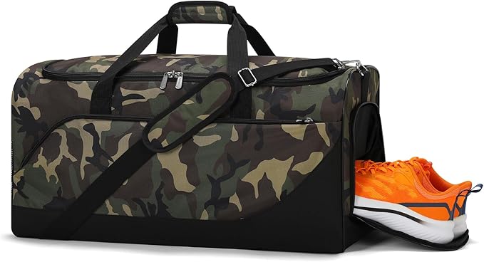 iFARADAY 52L Men's Gym Bag with Shoe Compartment - 24-inch Duffle Bag for Travel, Sports, Fitness & Workout (Camo)
