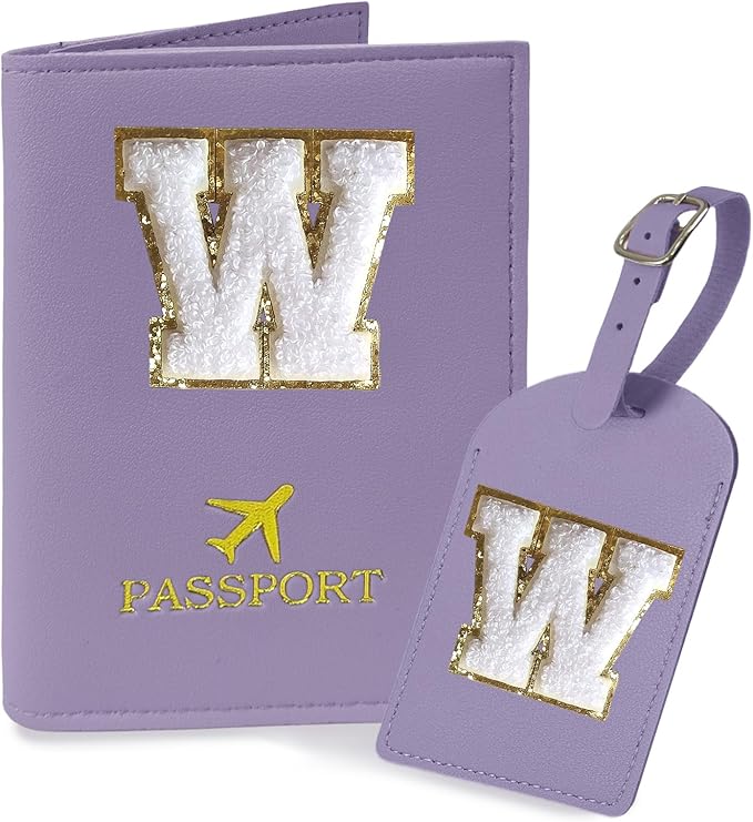 COSHAYSOO Purple Passport Cover and Initial Luggage Tag Set TSA Approved with Preppy Chenille Letter Patch for Women Girl Friends, Trendy Travel Bag Backpack Suitcase Identifier Must-Have Gifts (W)