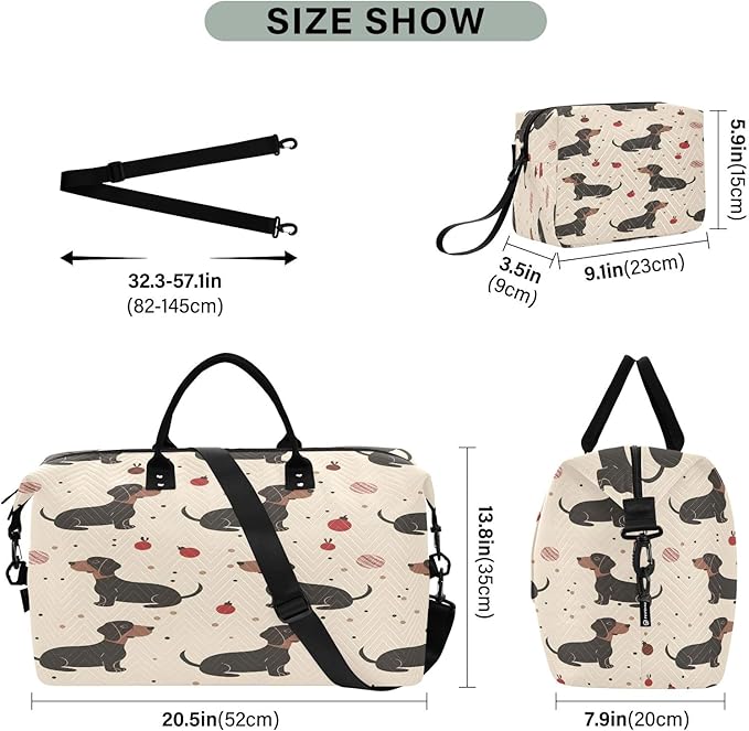 Travel Duffle Bag, Black Dachshund Gym Bag with Storage Bag Weekender Overnight Bag for Men Women Trip Sports Yoga