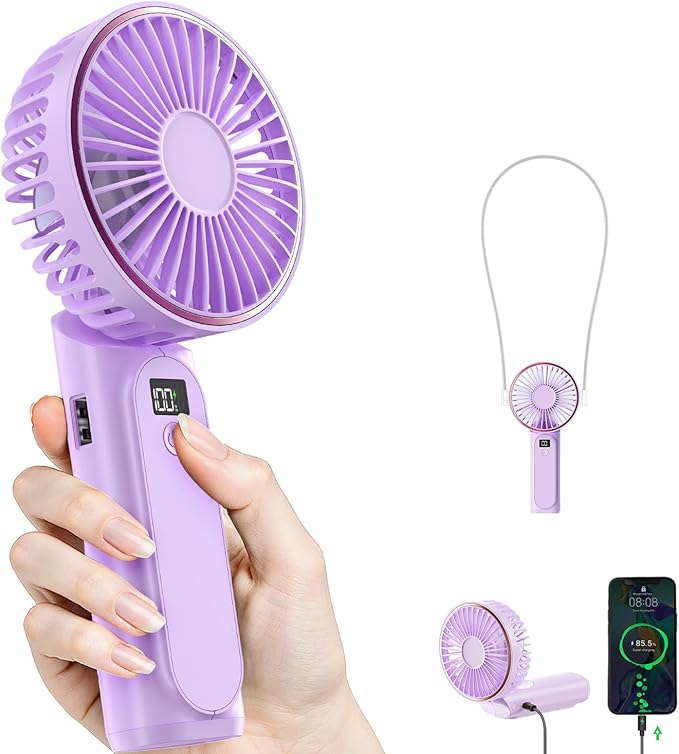 Portable Handheld Fan, 4000mAh, 180 Adjustable, 6 Speed Wind, USB Rechargeable Foldable Fan with Real-Time Electricity Display