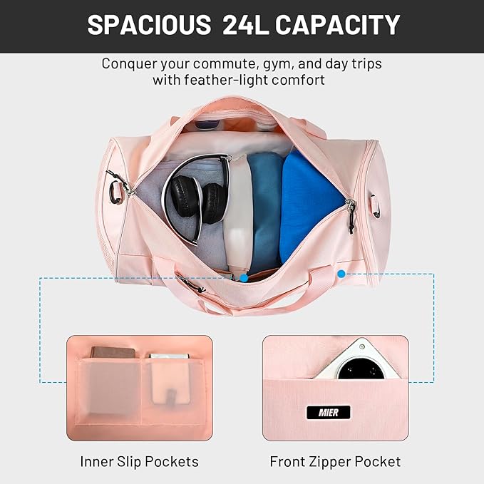 MIER Gym Bag Round Duffle Bag with Shoe Compartment & Wet Pocket, Lightweight Carry on Duffel for Men Women Workout Fitness Travel Sports, 24L, Pink