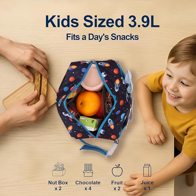 Bagseri Kids Snack Bag Boys - Small Reusable Mini Cooler Pouch, Insulated 3.9L Food Carrier with Buckle Handle for School and Daycare, Fits in Backpack, Blue Space Astronauts