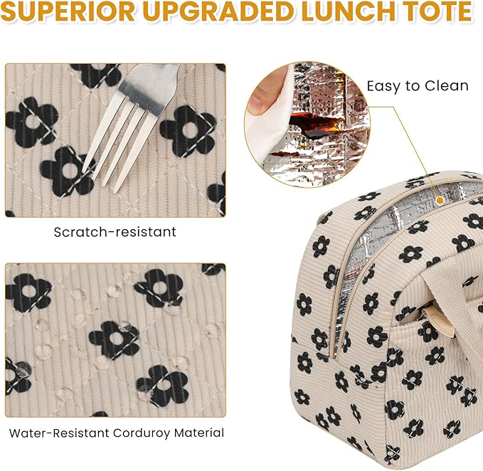 Insulated Lunch Bag for Women, Portable Lightweight Lunch Box for Adults, Reusable Small Lunch Tote Cooler Bags with Front Zipper Pocket for Work School Picnic(Corduroy Floral)