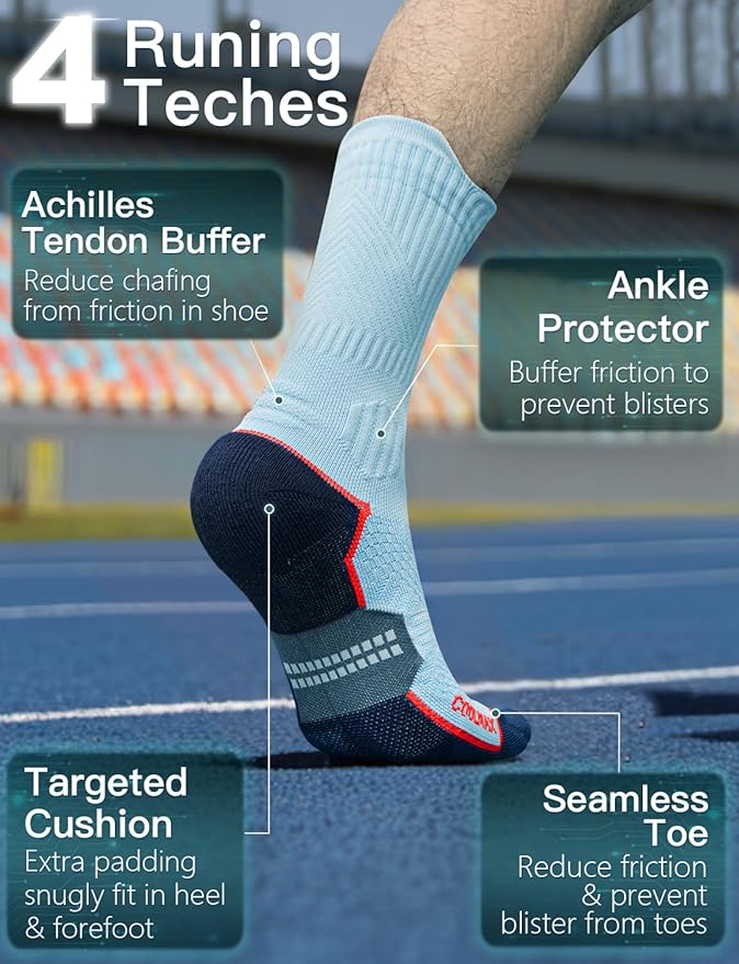 Compression Running Socks, Bamboo Viscose Coolmax Moisture-Wicking Anti-Blister Athletic Hiking Workout Gym Padded