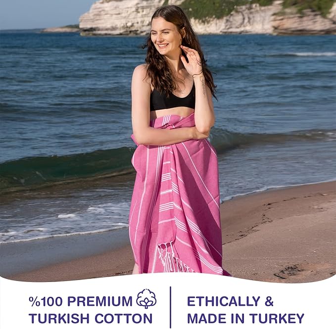 Turkish Beach Towels, Pack of 6 | Oversized, Quick Dry, Sand Free | 100% Cotton, Large 38x71 Towels for Beach, Pool, Travel | Ultra-Soft, Compact, and Absorbent | Fuchsia