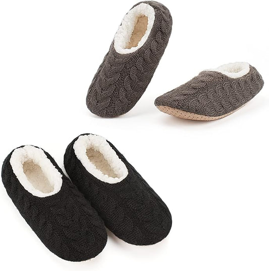 Cozylook 2-Pair Women's Soft Sole Slipper Socks with Grippers, Thick Warm Cozy Sherpa Lined Home Socks Set, Cable Knitted Non-slip Fluffy Winter House Bedroom Slippers