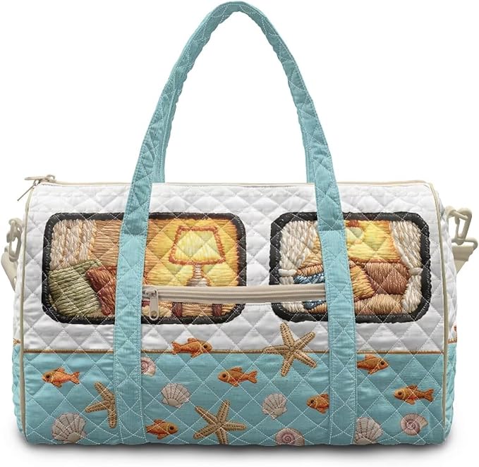COEQINE Quilted Duffle Bags for Women Travel Cool Quilted Tote Bag Large Car Blue Camper Summer Beach Themed Weekender Bag Designer Carry On Bags