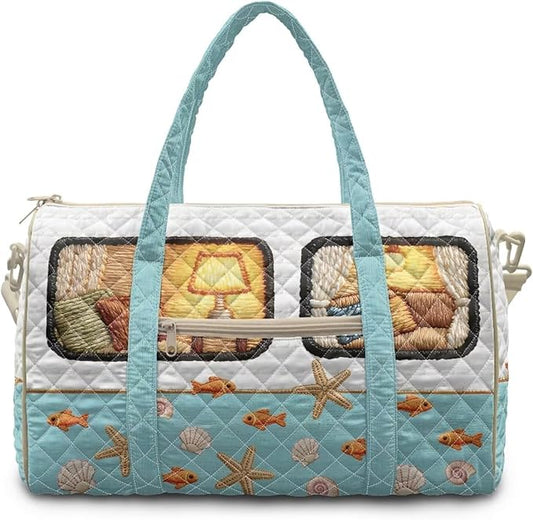COEQINE Quilted Duffle Bags for Women Travel Cool Quilted Tote Bag Large Car Blue Camper Summer Beach Themed Weekender Bag Designer Carry On Bags