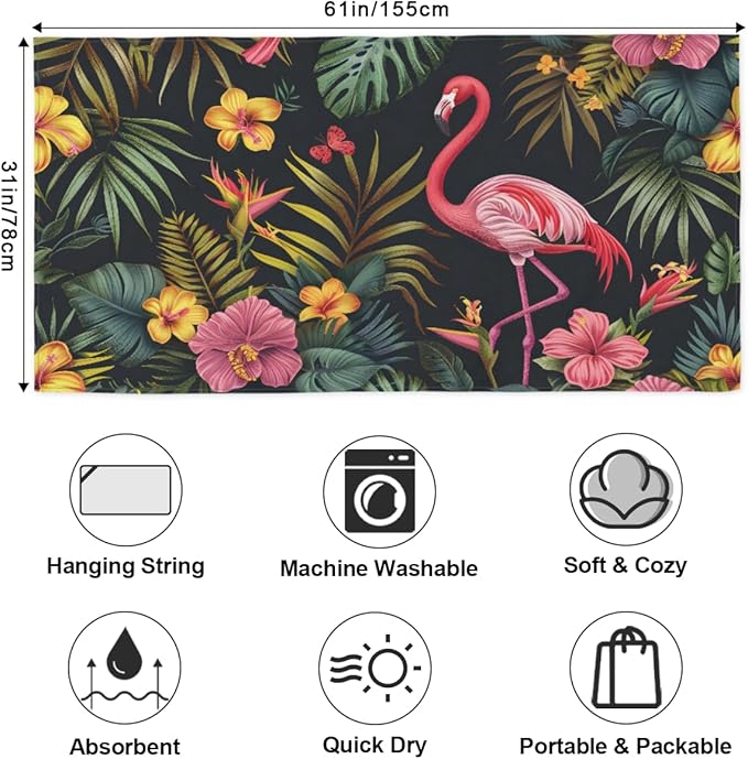 Flamingo Tropical Flowers Beach Towel, Large Microfiber Quick Dry Lightweight Pool Bath Towels Sand Free Beach Blanket for Summer Cruise Yoga Camping Travel Vacation Essentials 31 x 61 in