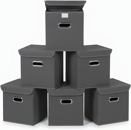 Closet Organizers Fabric Storage Bins With Lids Collapsible Cube Storage Organizer Basket With Handles,Storage Boxes for Clothes Storage,Office,Laundry,Shelves,6 Pack,（Grey
