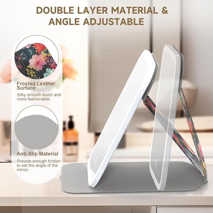 Mocado Travel Makeup Mirro with Lights, 360° Rotation Lighted Makeup Mirror, Portable Mirror with 10x Magnification, 3 Color Lightings, Dimmable Touch Screen, Tabletop Light up(Flower)