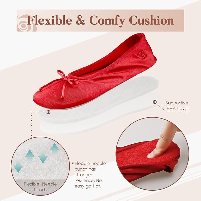BCTEX COLL Women's Ballerina House Slippers with Bow, Ladies Satin Bedroom Slipper with Suede Sole Indoor
