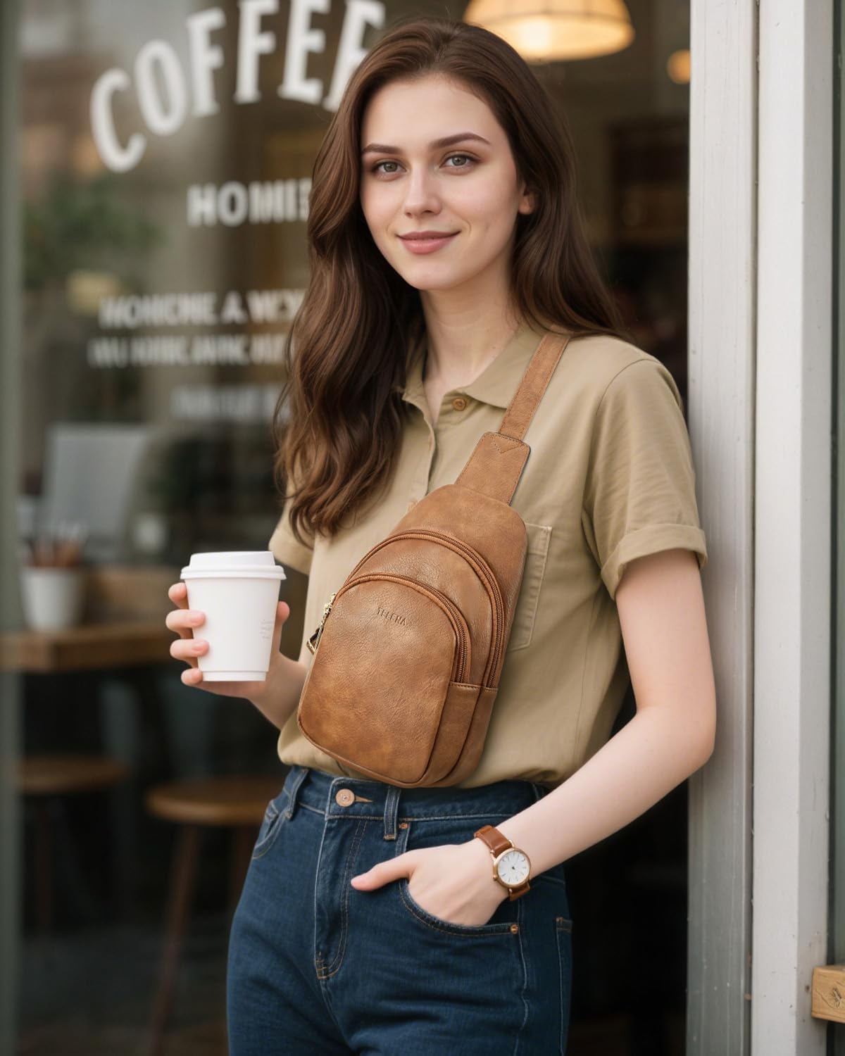 Telena Small Sling Bag for Women Leather Crossbody Fanny Packs Chest Bag for Women