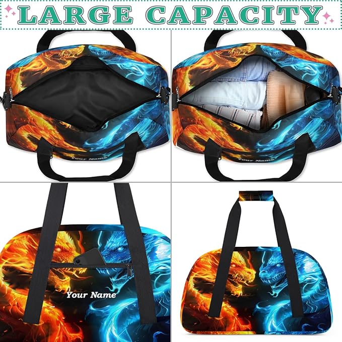Custom Name Fire and Ice Dragon Boys Gym Travel Duffle Bag with Front Zipper Pocket Personalized Sport Bag for Overnight, Weekender, Carry On,Workout & Dance, 18.9 * 8.7 * 10.6 in