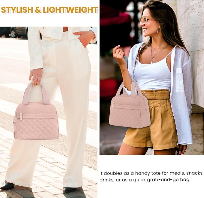 Insulated Lunch Bag for Women, Portable Lightweight Lunch Box for Adults, Reusable Small Lunch Tote Cooler Bags with Front Zipper Pocket for Work School Picnic(Pink)