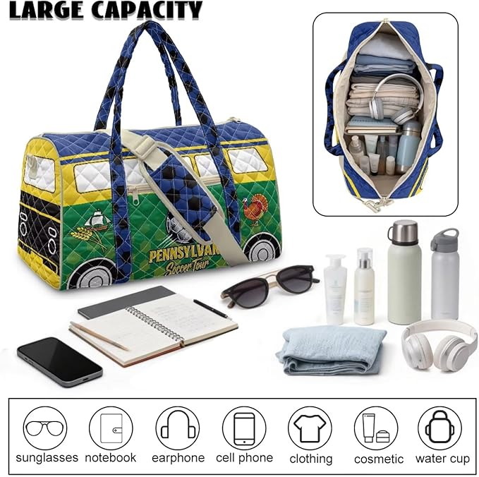 COEQINE Green Quilted Bags for Men Tote Purses for Mens Travel Bag Multiple Interior and Exterior Pockets,Pennsylvania Van Car