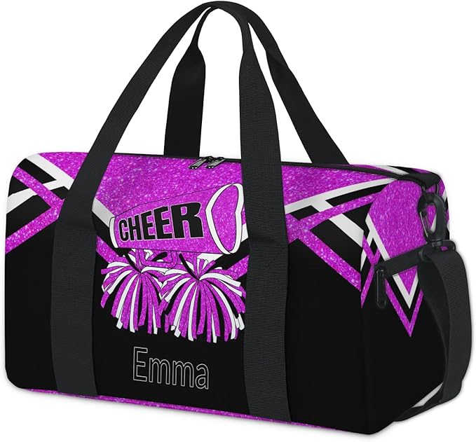 Personalized Dance Gym Bag, Custom Cheer Sport Duffel Large Compartment Cheerleaders Dance Weekender Bags Travel Tote, Bright Purple Glitters Black