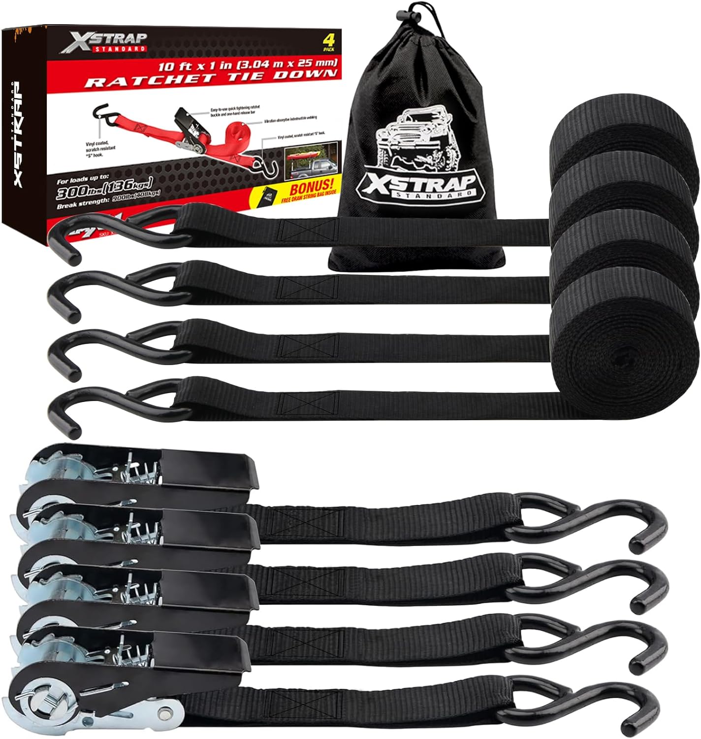 XSTRAP STANDARD Ratchet Tie Down Straps 4 Pk 10 Ft- 300 Lbs Load Cap- 900 Lbs Break Strength-Cargo Straps for UTV, ATV, Pickup,Truck, Moving Appliances, Lawn Equipment, Black