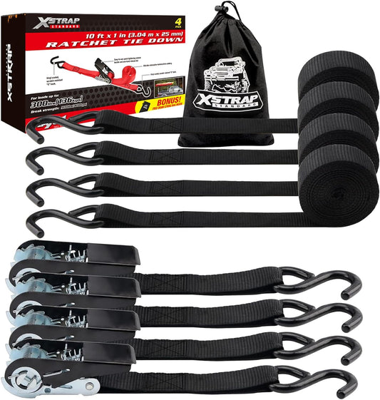 XSTRAP STANDARD Ratchet Tie Down Straps 4 Pk 10 Ft- 300 Lbs Load Cap- 900 Lbs Break Strength-Cargo Straps for UTV, ATV, Pickup,Truck, Moving Appliances, Lawn Equipment, Black