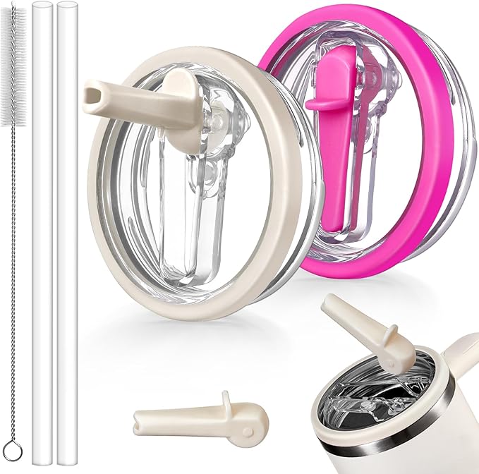 2 Pack Flip Straw Lid Replacement for Stanley 30 oz Cup Accessories, Leakproof Detachable Lids for 30 ounce Stanley Quencher H2.0 & ProTour Tumbler (Cream, RoseRed)