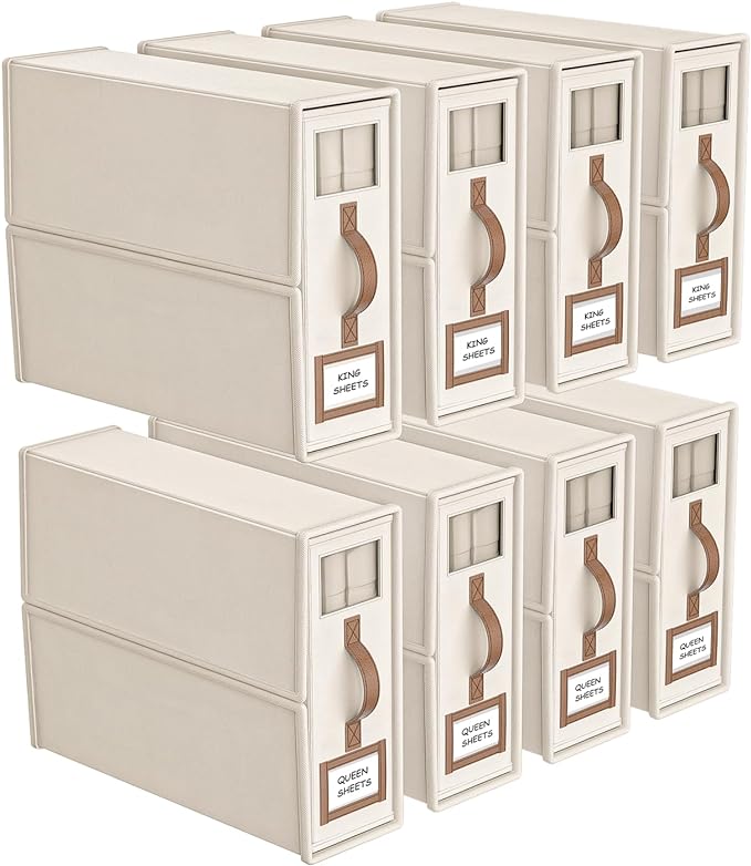 8 Pack Foldable Bed Sheets Set Organizers and Storage(King & Queen Size),Linen Fabric Closet Organizers with Window,Folding Bedding Storage Box for Bedsheets and Pillow Cube Organizer-Beige