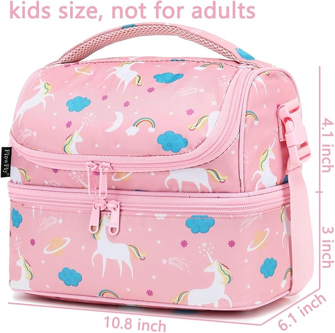 FlowFly Kids Double Decker Cooler Insulated Lunch Bag Large Tote for Boys, Girls, Men, Women, With Adjustable Strap, Unicorn