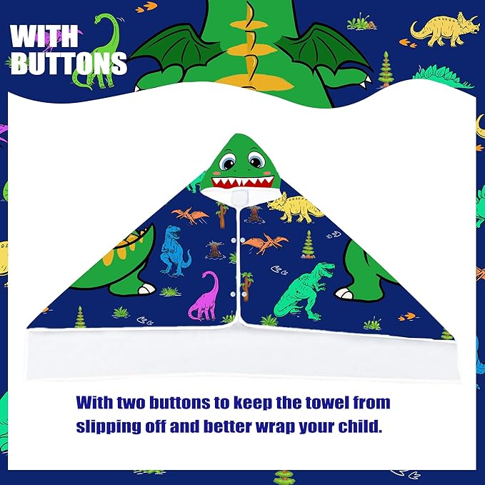 Dinosaur Hooded Beach Towel for Boys, Soft & Absorbent T-Rex Dinosaur Poncho Towel, 30”x50” Green Blue Bathrobe for Kids Cool Cartoon, Quick Dry Swim, Pool, and Bath Time