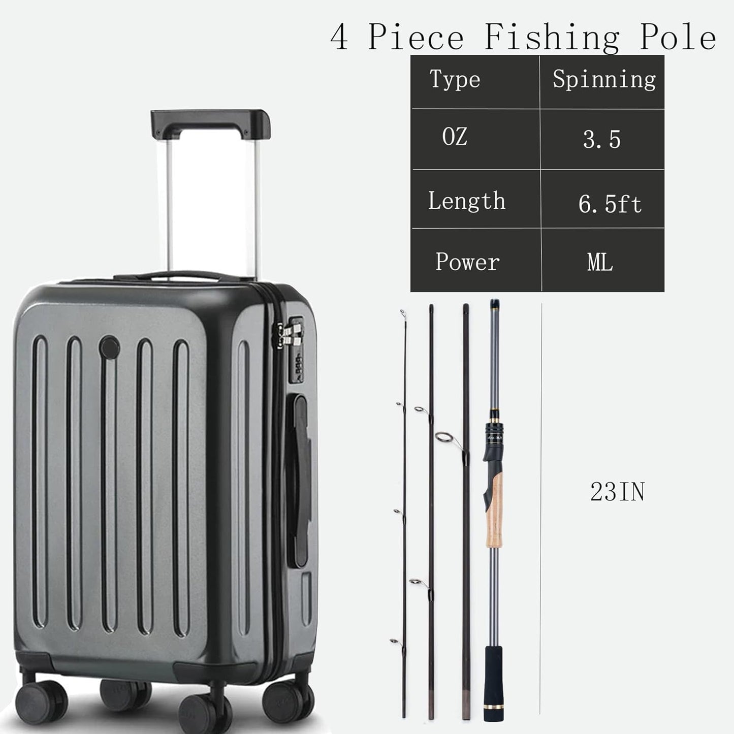 Travel Fishing Pole Combo， 4 Piece Carbon Fiber Spinning Rod Spinning Reel 7ft Braided Line Fishing Carrier Bag for Travel Saltwater Freshwater