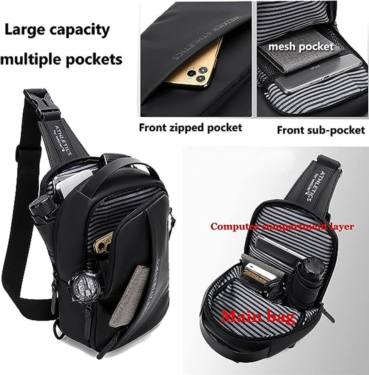 Waterproof Sling Bags Mens Shoulder Crossbody Backpack with USB Charging Port& Headphone,Outdoor Lightweight Bag