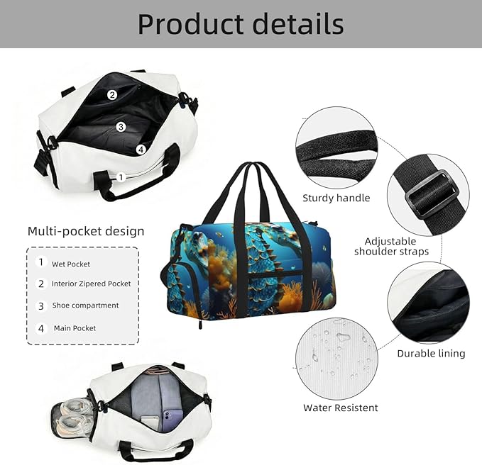Blue Seahorse Print Gym Bag with Shoe Compartment for Women Men, 17.7in Sports Duffle Weekender Tote, Overnight Travel Duffel Bag Carry On