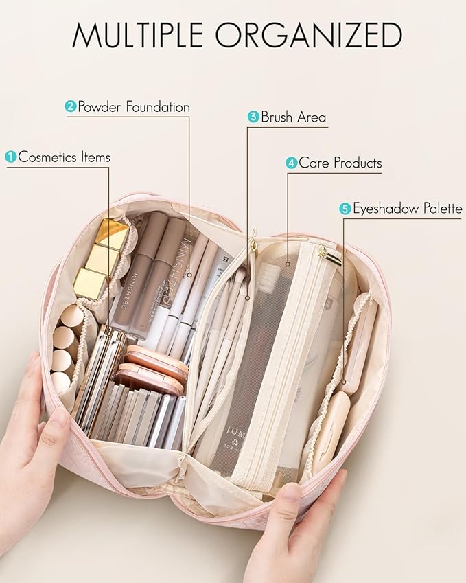 VLANDO Makeup Bag,Travel Toiletry Bag,Cosmetic Bag for Women PU Leather Portable Make up Bag for Skincare, Brushes & Travel Essentials-Sand Pink